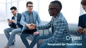  Presentation with lobby - Audience pleasing PPT layouts consisting of young people shaking hands in the lobby of a modern office backdrop and a ocean colored foreground
