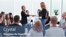  Presentation with shaking hands - PPT theme with young-people-shaking-hands background and a ocean colored foreground