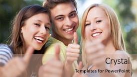  Presentation with young people diversity - Beautiful PPT theme featuring young people showing thumbs up backdrop and a coral colored foreground