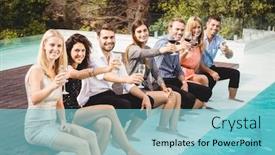  Presentation with people enjoying - Audience pleasing PPT layouts consisting of young people sitting by swimming pool drinking having fun enjoying holiday backdrop and a seafoam green colored foreground