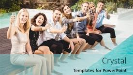  Presentation with people enjoying - Amazing PPT theme having young people sitting by swimming pool drinking having fun enjoying holiday backdrop and a light blue colored foreground