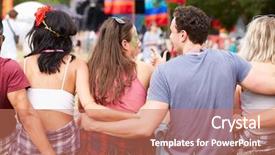  Presentation with festival music - Amazing PPT theme having young people sitting outdoors backdrop and a coral colored foreground