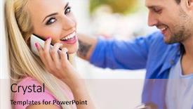  Presentation with smartphone - Audience pleasing PPT theme consisting of young people using smartphone backdrop and a coral colored foreground