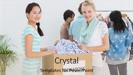  Presentation with donation food clothes - Presentation design consisting of young people with clothes donation background and a soft green colored foreground