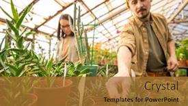  Presentation with greenhouse - Audience pleasing slide set consisting of young-people-working-in-greenhouse backdrop and a red colored foreground
