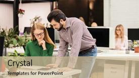  Presentation with people - Amazing slide deck having young people working in modern backdrop and a  colored foreground