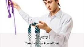  Presentation with tie - Audience pleasing presentation theme consisting of young-person-chooses-to-tie backdrop and a light gray colored foreground