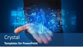 Presentation with hologram - PPT theme featuring young person holding hologram projection displaying health related graphs and symbols background and a ocean colored foreground