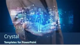  Presentation with hologram - Theme enhanced with pharmacy project - young person holding hologram projection background and a ocean colored foreground