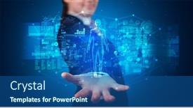  Presentation with hologram - Colorful PPT layouts enhanced with data science medical icon - young person holding hologram projection backdrop and a ocean colored foreground