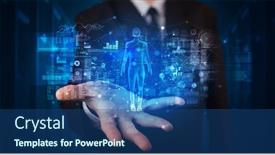  Presentation with hologram - Cool new slides with young-person-holding-hologram-projection backdrop and a ocean colored foreground