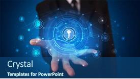  Presentation with hologram - Presentation having young person holding hologram screen displaying security infomartions background and a ocean colored foreground