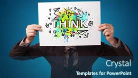  Presentation with design thinking - Amazing presentation design having young person holding paper with design thinking concept backdrop and a ocean colored foreground