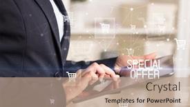  Presentation with online shopping - PPT theme enhanced with young-person-makes-a-purchase background and a coral colored foreground