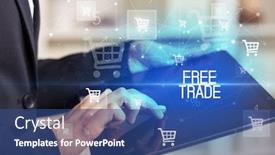  Presentation with free trade - Beautiful PPT layouts featuring young-person-makes-a-purchase backdrop and a ocean colored foreground