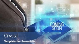  Presentation with coming soon - Amazing PPT theme having young-person-makes-a-purchase backdrop and a ocean colored foreground