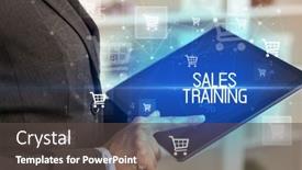  Presentation with online shopping - Beautiful presentation theme featuring young-person-makes-a-purchase backdrop and a dark gray colored foreground