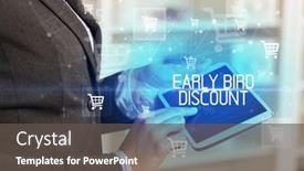  Presentation with tablet - Slides with young-person-makes-a-purchase background and a dark gray colored foreground