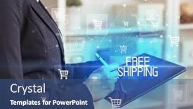  Presentation with tablet - Presentation design having young-person-makes-a-purchase background and a ocean colored foreground