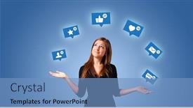  Presentation with social media - Cool new presentation design with young person playing with social media symbols backdrop and a teal colored foreground