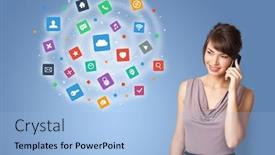  Presentation with application - PPT theme with young person presenting new application icons and symbols background and a light blue colored foreground