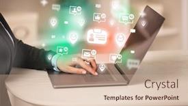  Presentation with social media network - PPT layouts consisting of young-person-surfing-on-social background and a coral colored foreground