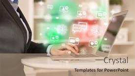  Presentation with social media network - PPT layouts consisting of young-person-surfing-on-social background and a coral colored foreground