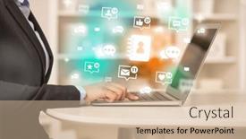  Presentation with social media network - PPT layouts featuring young-person-surfing-on-social background and a soft green colored foreground