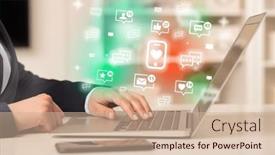  Presentation with social media network - PPT theme having young-person-surfing-on-social background and a soft green colored foreground