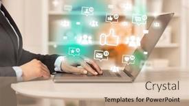  Presentation with social media network - PPT layouts with young-person-surfing-on-social background and a coral colored foreground