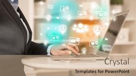  Presentation with social media network - PPT theme consisting of young-person-surfing-on-social background and a coral colored foreground