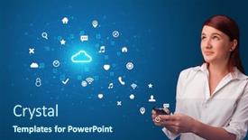  Presentation with cloud technology - Beautiful PPT theme featuring young person using phone with cloud technology and online communication concept backdrop and a ocean colored foreground