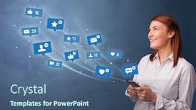  Presentation with social media - Cool new presentation theme with young person using phone with flying social media icons backdrop and a ocean colored foreground