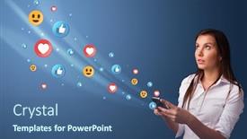  Presentation with social media - Cool new presentation design with young person using smartphone with flying social media icons backdrop and a ocean colored foreground