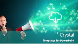  Presentation with related - Presentation theme having young-person-with-megaphone background and a teal colored foreground