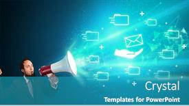 Presentation with related - Audience pleasing PPT theme consisting of young-person-with-megaphone backdrop and a teal colored foreground
