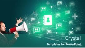  Presentation with networking - PPT theme enhanced with young-person-with-megaphone background and a ocean colored foreground