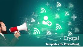  Presentation with networking - PPT theme having young-person-with-megaphone background and a teal colored foreground
