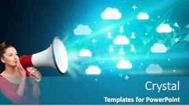  Presentation with related - Slides having young-person-with-megaphone background and a teal colored foreground