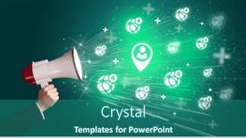  Presentation with networking - PPT theme enhanced with young-person-with-megaphone background and a ocean colored foreground