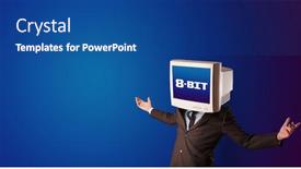  Presentation with old young - Cool new slide deck with young person with monitor head old school 8-bit concept backdrop and a ocean colored foreground