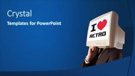  Presentation with old young - Amazing presentation theme having young-person-with-monitor-head backdrop and a ocean colored foreground