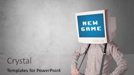  Presentation with gaming - Slides having young-person-with-monitor-head background and a light gray colored foreground