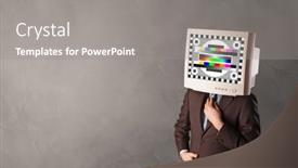  Presentation with head - Cool new slides with young-person-with-monitor-head backdrop and a gray colored foreground