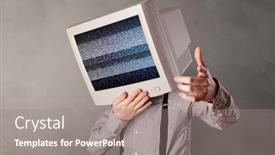  Presentation with head - Slide deck having young-person-with-monitor-head background and a gray colored foreground