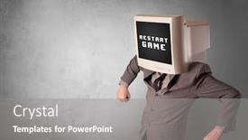  Presentation with gaming - PPT layouts having young-person-with-monitor-head background and a gray colored foreground