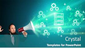  Presentation with yelling - Presentation theme consisting of young-person-yelling-in-loudspeaker background and a teal colored foreground