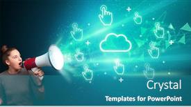  Presentation with cloud technology - Presentation theme consisting of young-person-yelling-in-loudspeaker background and a teal colored foreground