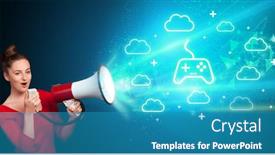  Presentation with controller - Presentation theme featuring young-person-yelling-in-loudspeaker background and a teal colored foreground