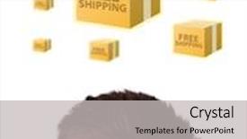  Presentation with shipping - Presentation theme enhanced with young persons head looking with gesture at shipping and order signs background and a light gray colored foreground